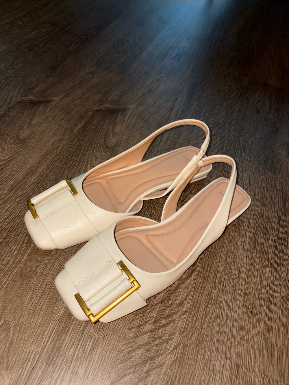 Franco Sarto Tracy Cream Slingback Flats with Gold Buckle